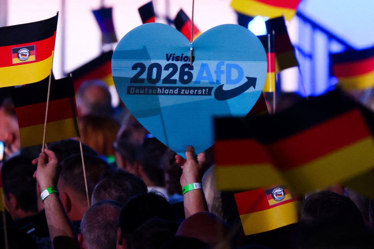 default-424 Supporters of the far-right Alternative for Germany (AfD) party display flags at the party's campaign kick-off event ahead of the Saxony-Anhalt state election, in Magdeburg, Germany, July 18, 2026.
