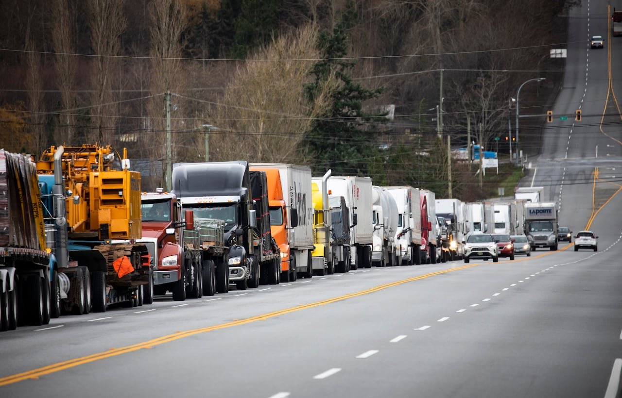 default-974 A long line of shipping trucks.